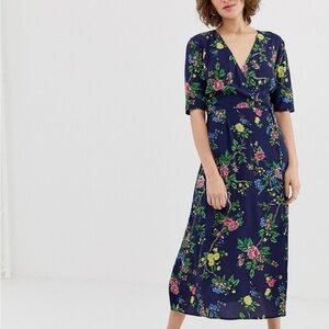 Warehouse Navy Blue Floral Midi Dress Size 10